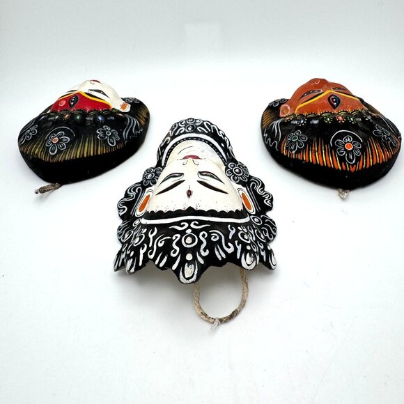 Tibetan Handcrafted Clay Masks Set of 3 Intricate Designs Vibrant Colors - Picture 8 of 9